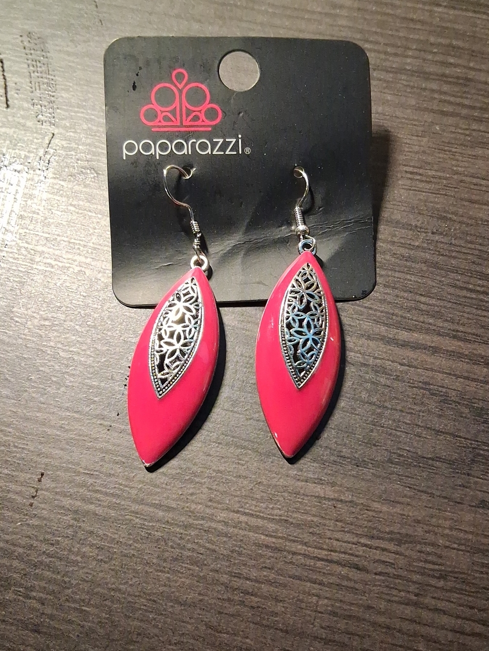 Paparazzi Bright Pink Marquise Drop Earrings with Silver Filigree